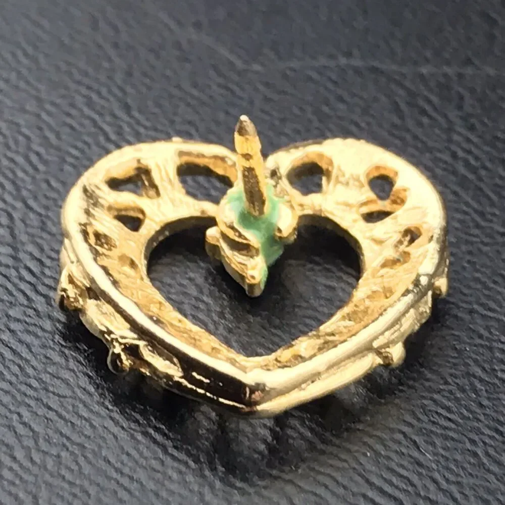 Heart Pin Vintage Brooch Green Stone Gold Tone